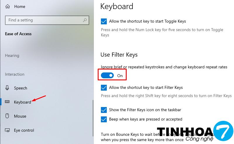 Chọn bật Ignore brief or repeated keystrokes and change keyboard repeat rates